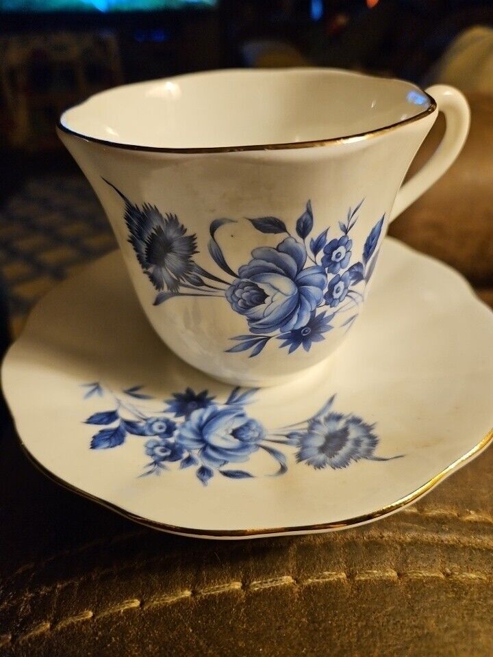 Vintage Elizabethan Fine Bone China Teacup & Saucer Set White/Blue Flowers