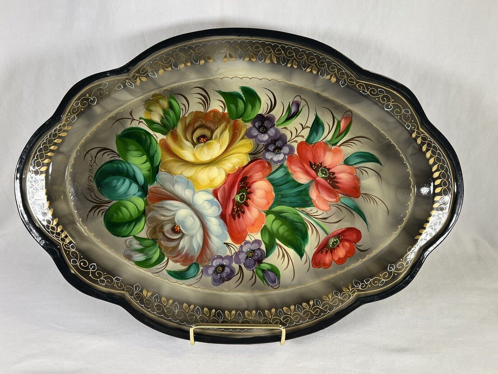 Vintage Signed Tole Painted Metal Tray Black Floral Oval Scalloped Edges