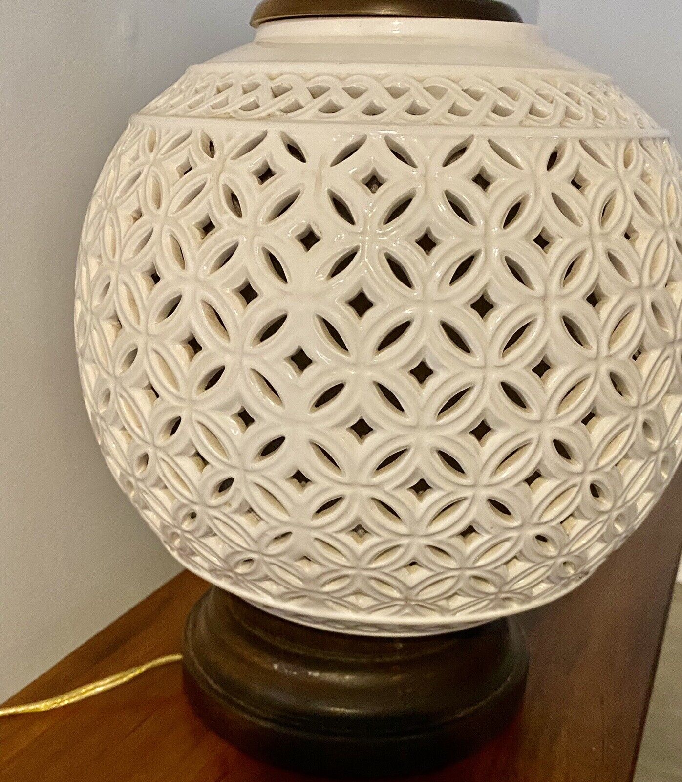 Large Mid Century Blanc De Chine Reticulated Porcelain Lamp, Wood Trim