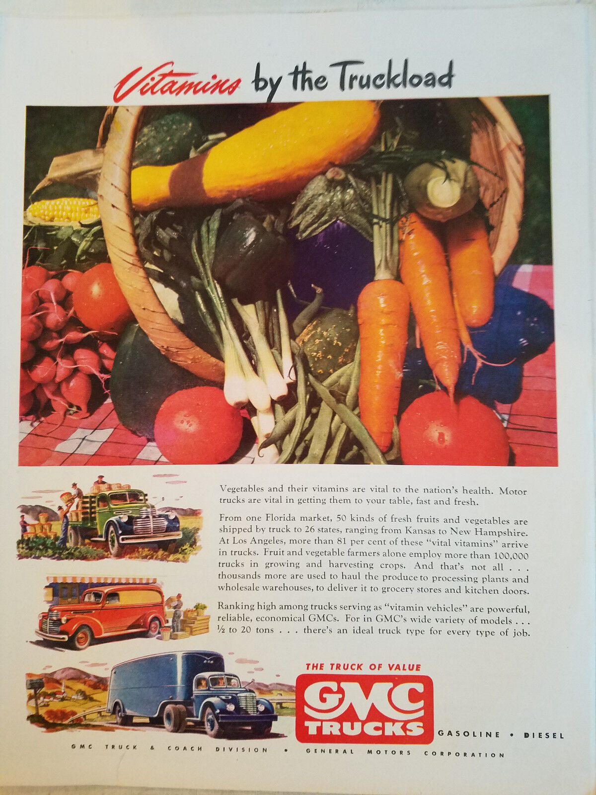 1940s General Motors GMC Vitamins By The Truck Load Vegitables Crop Original Ad