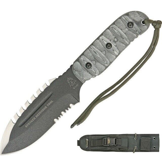 Tops TPDEFT01 Knives Fixed Blade Knife Carbon Steel Black Micarta Handle Stryke