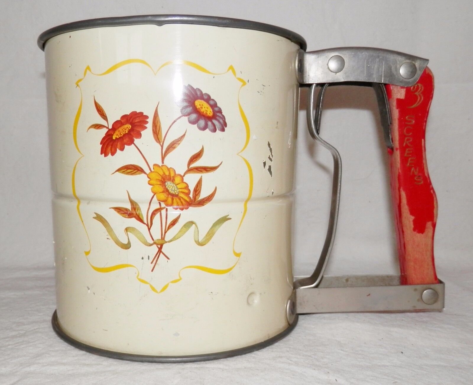 Vintage Sifter Floral Transfer 3 Screen Wood Handle Hand-i-sift Androck Yellow