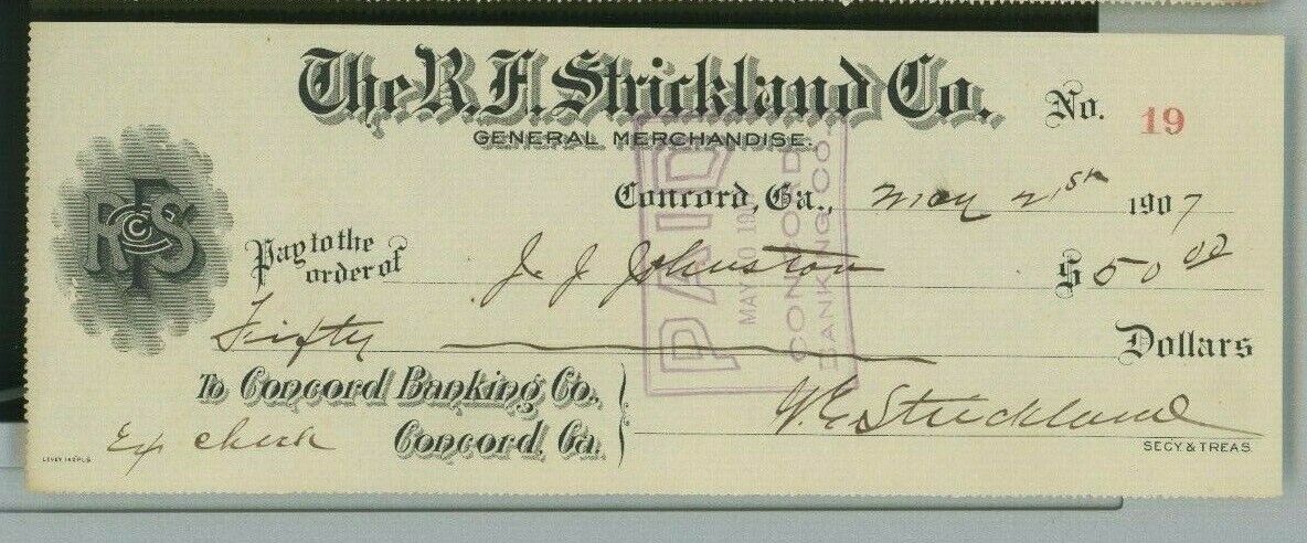 1907 R.F Strickland Co. General Merchandise Concord Bank Check GA  $50 51