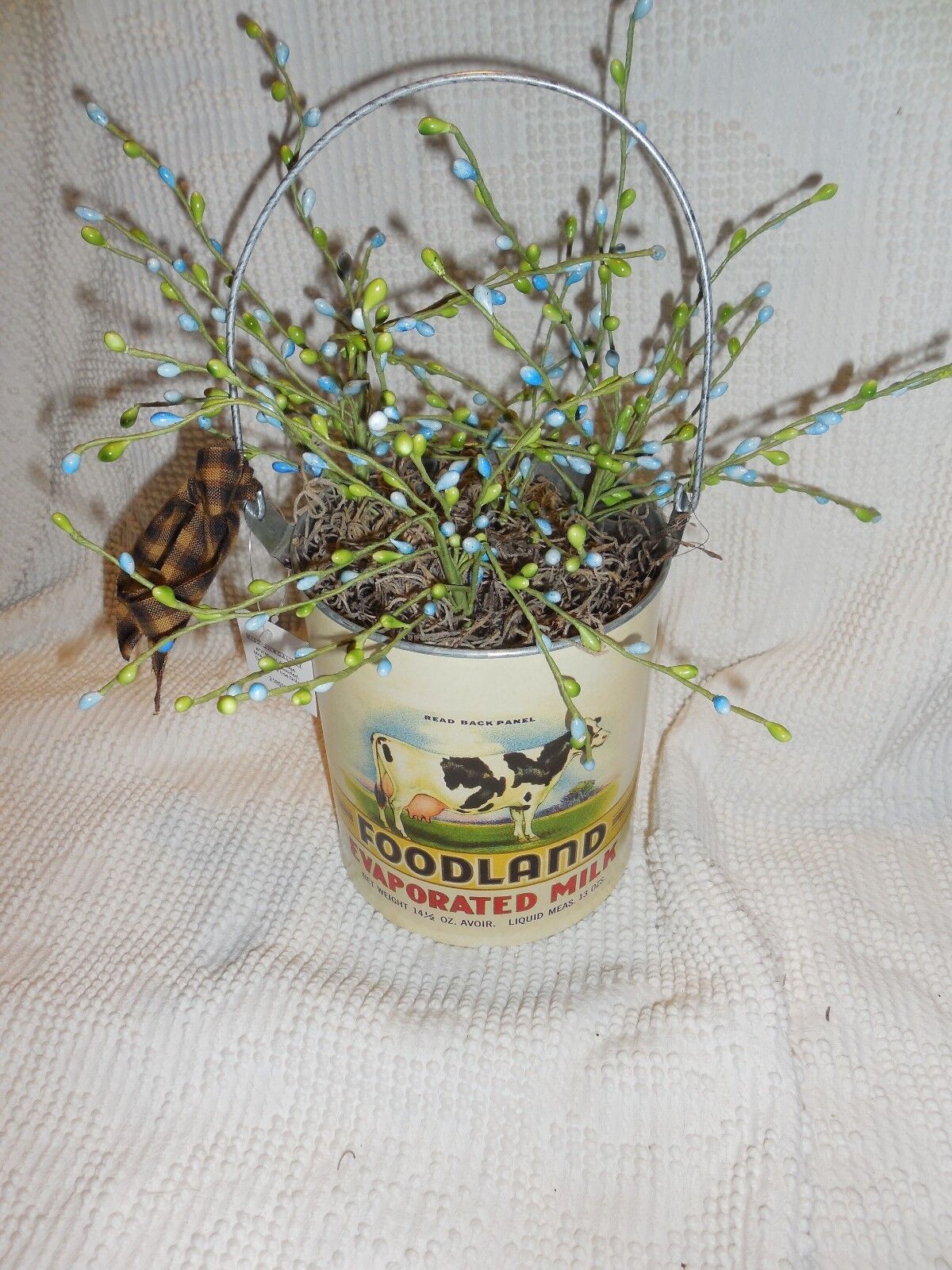 Country Cow Pail w/ blue Primitive Pip Berries \