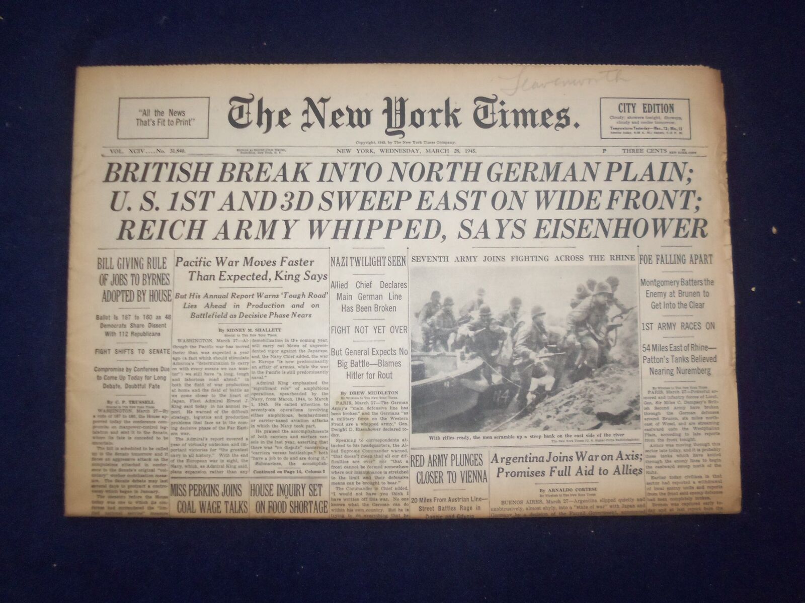 1945 MARCH 28 NEW YORK TIMES - BRITISH BREAK INTO NORTH GERMAN PLAIN - NP 6679