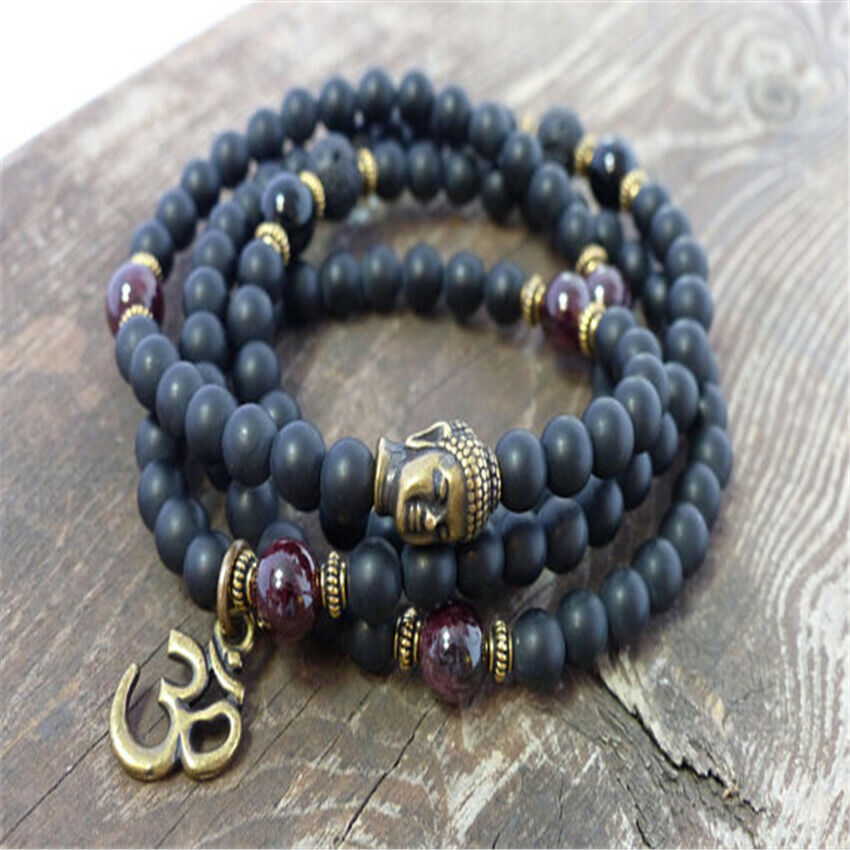 6mm Obsidian Garnet Gemstone 108 Buddha Beads Mala Bracelet Lucky yoga