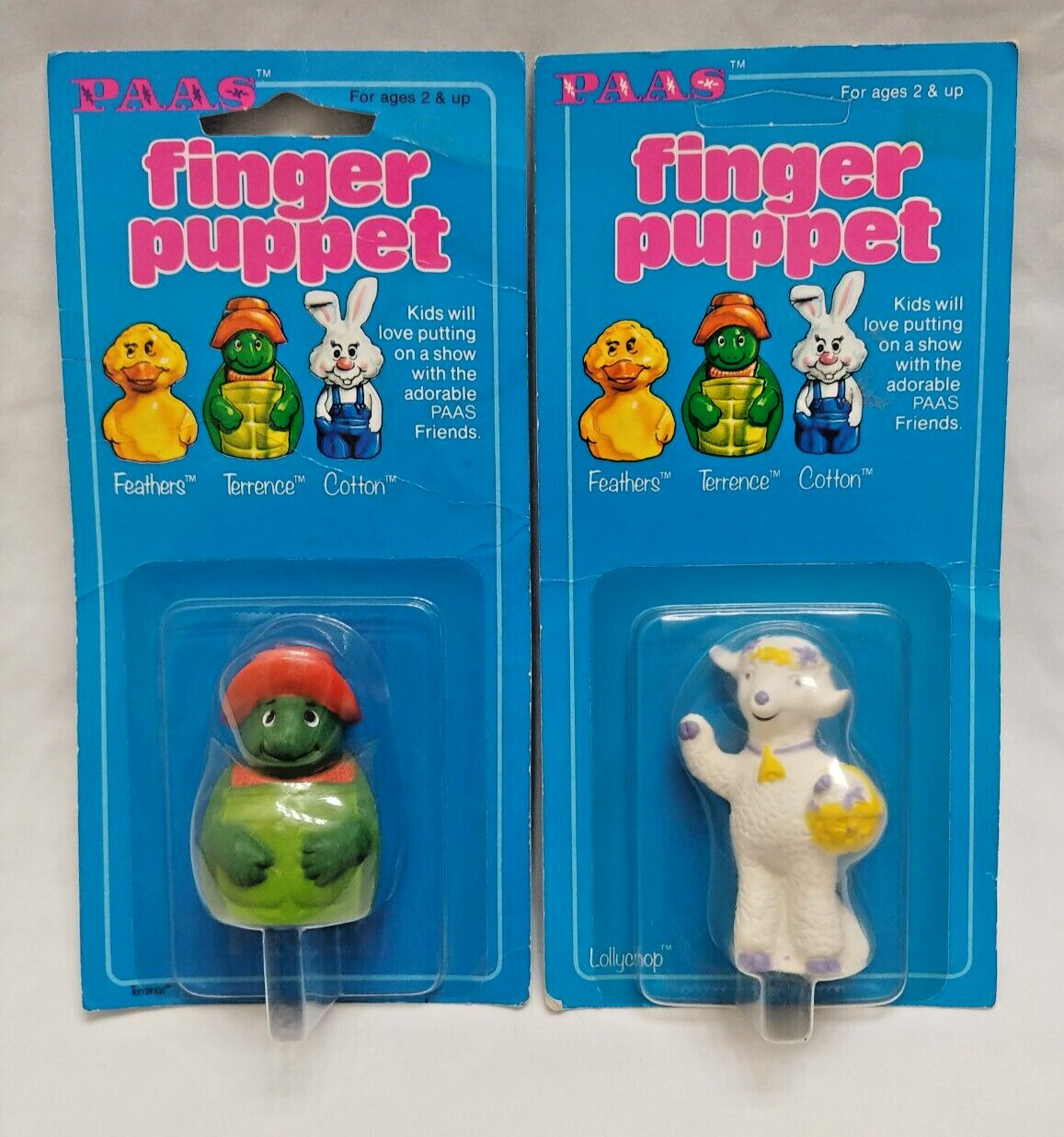 2 Vintage 80's PAAS Finger Puppets ~ Lollychop and Terrence ~ USA Made ~ NOS Lot