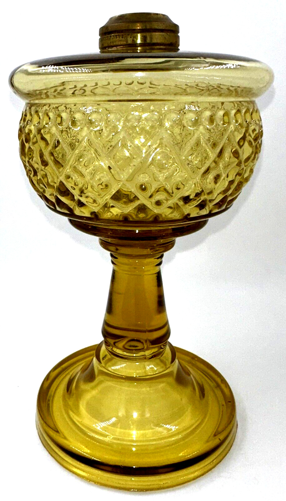 Antique BEADED DIAMOND BAND Amber Glass Oil Kerosene Stand Lamp THURO 1-203