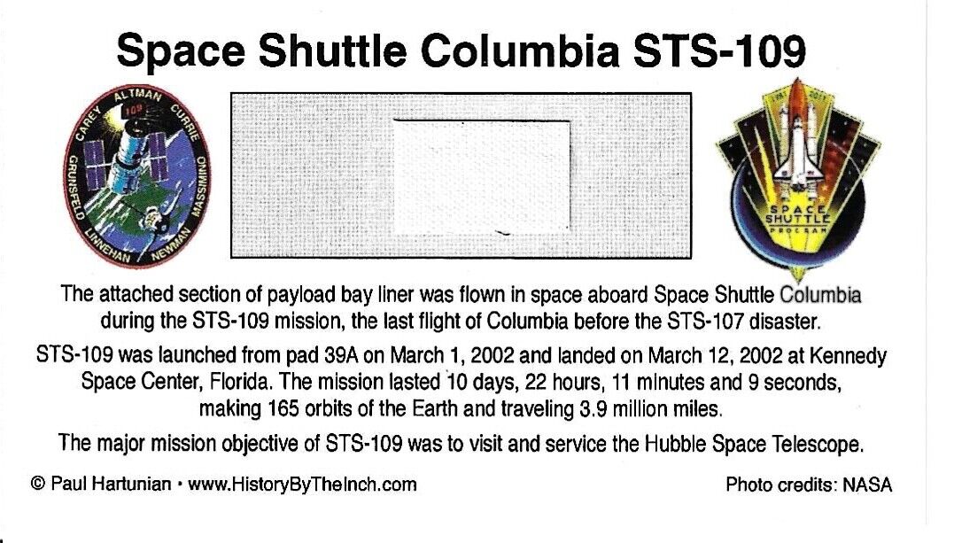 Own a Genuine Piece of Space Shuttle Columbia - STS -109 Flown in Space - $19.95