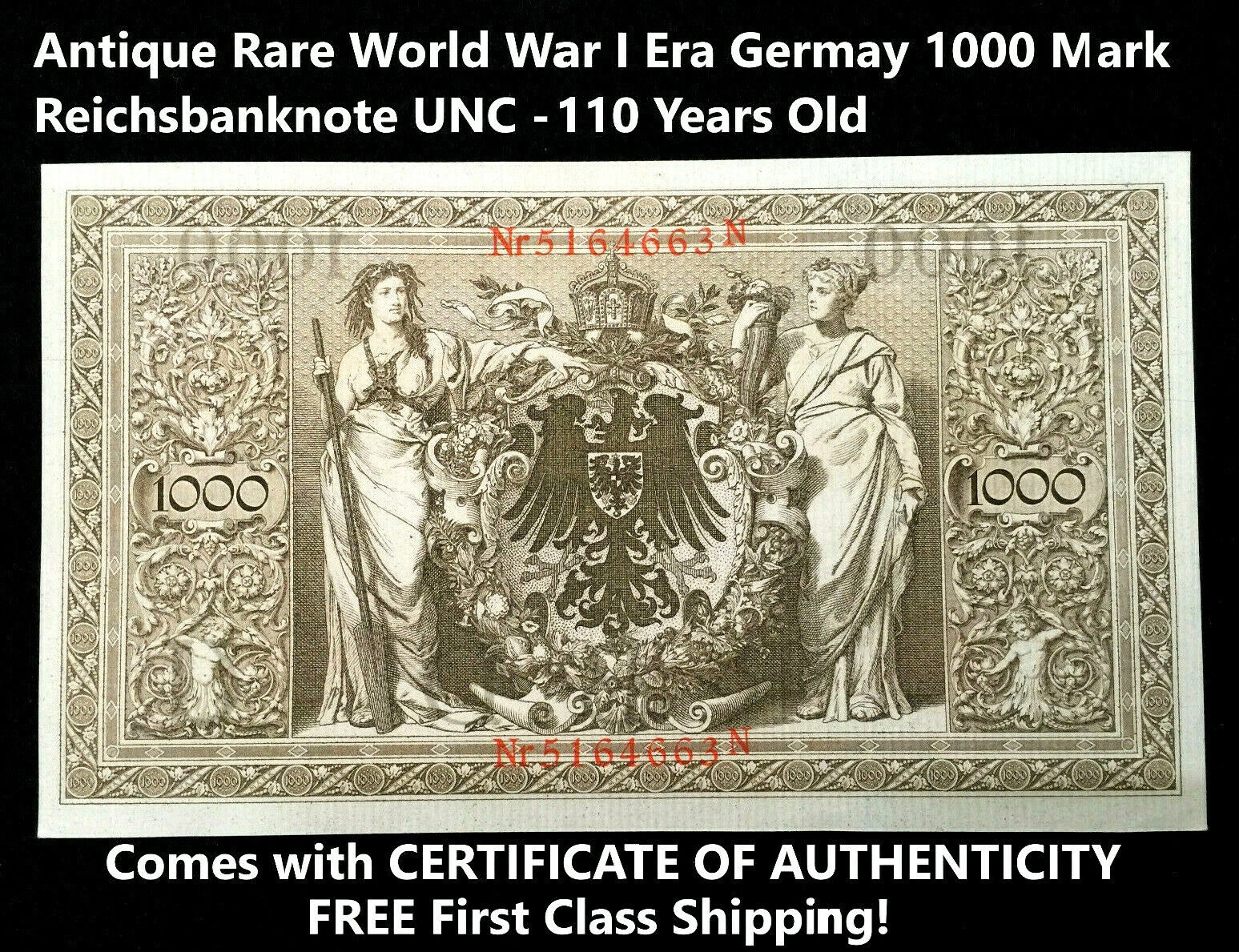 Antique Rare World War I Era Germany 1000 Mark Reichsbanknote UNC -110 Years Old