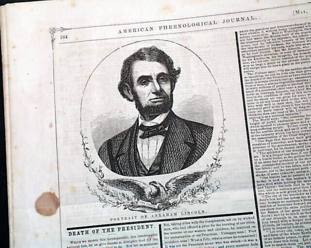 Rare Phrenology Science Brain Skull Functions w/ Abraham Lincoln 1865 Newspaper