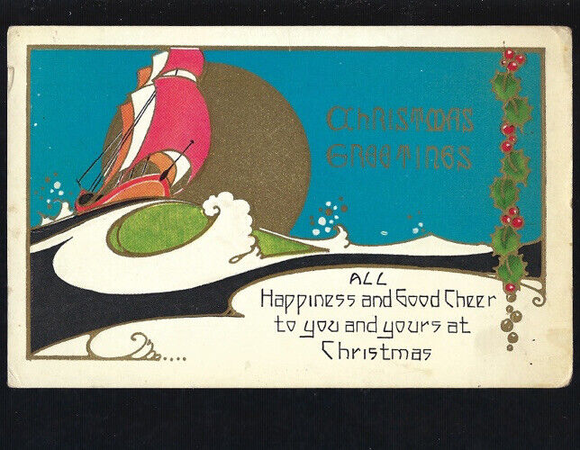 c.1929 Christmas Greetings Ship Holly Sea Ocean Waves Postcard POSTED