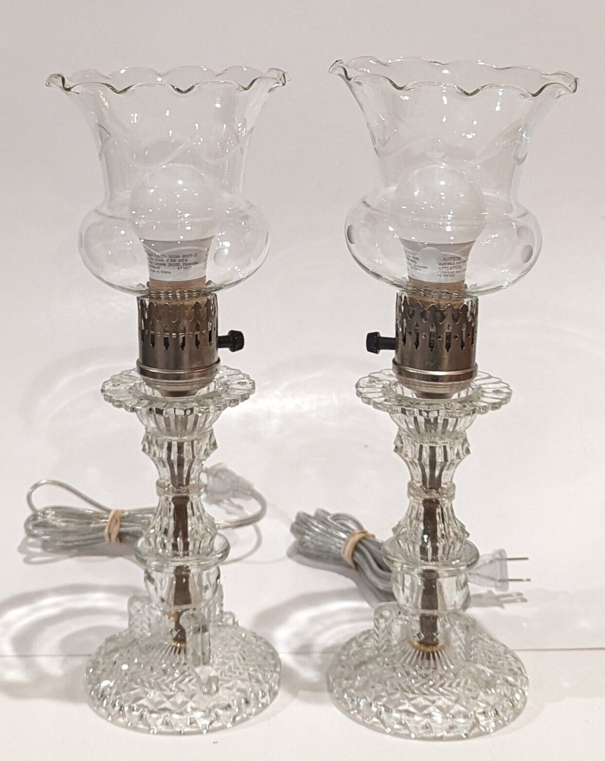 Two Victorian Ruffled Top Crystal Cut Glass, Art Deco Table Lamps, 13\