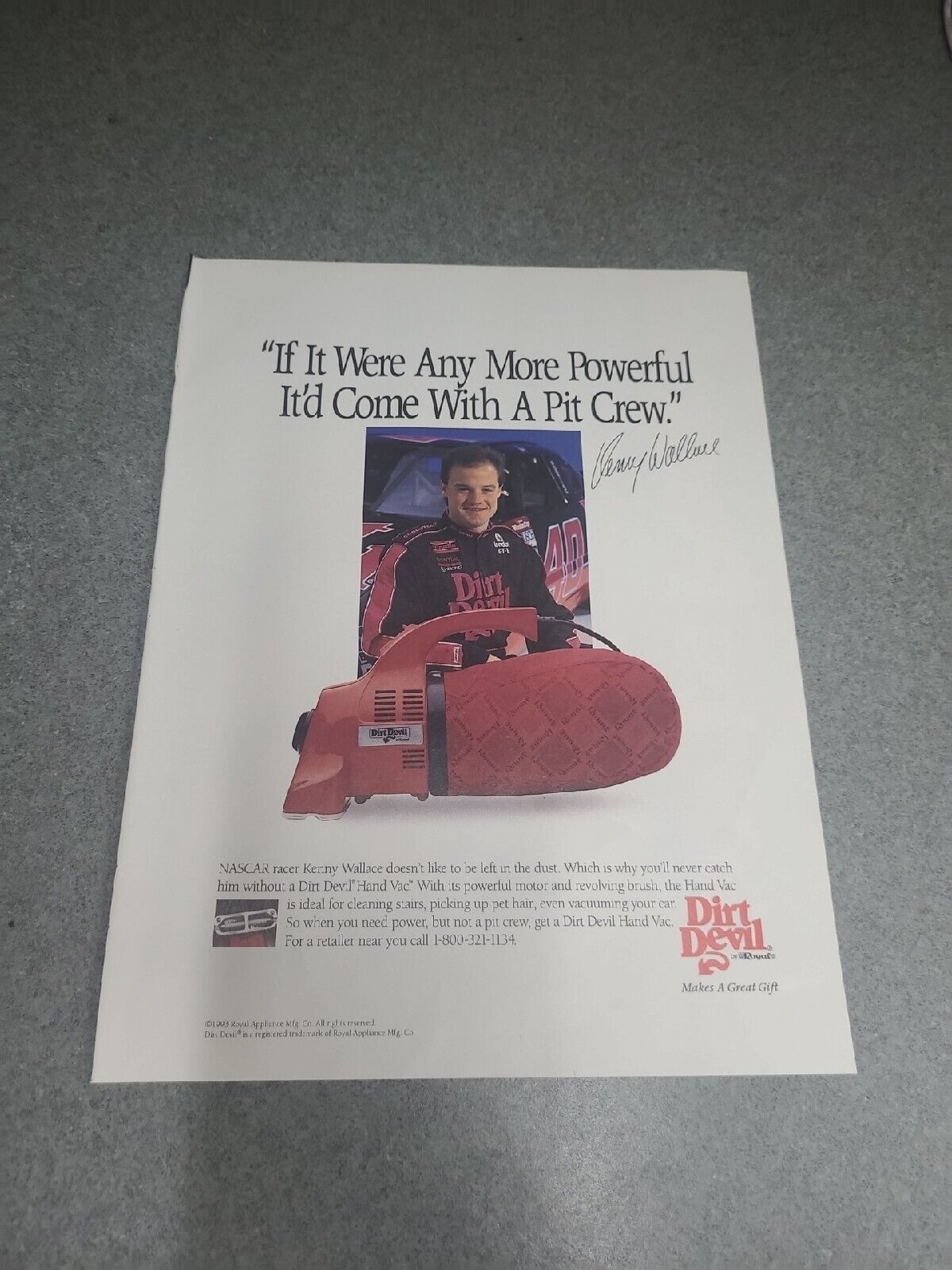 Dirt Devil NASCAR Kenny Wallace 1990s Print Advertisement Ad 1993