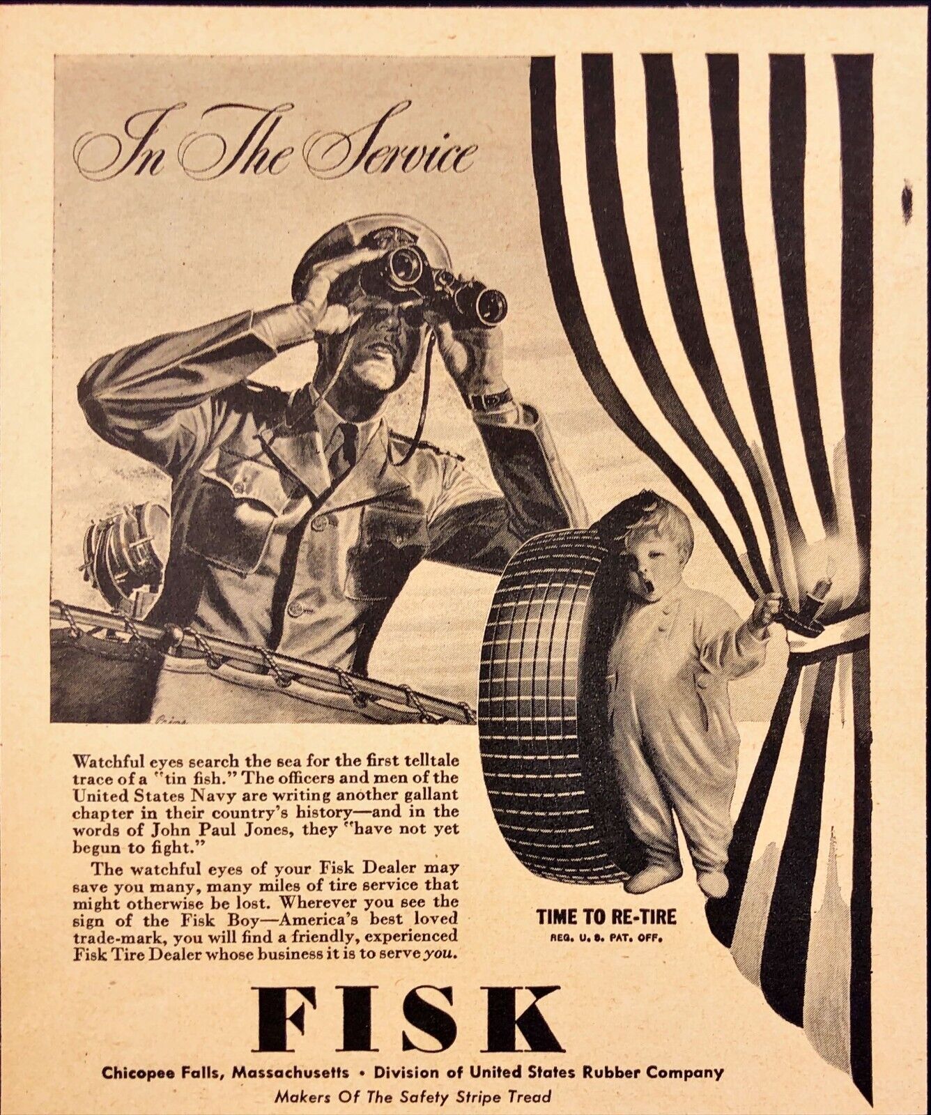1943 Fisk Tires In The Service U.S. Navy Chicopee Falls MA WWII Vintage Print Ad