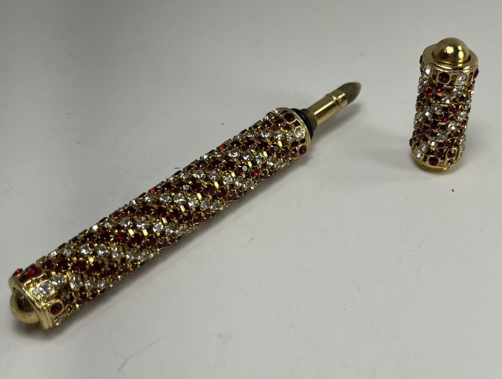 Vintage Perfume Pen Applicator With Prong Set Rhinestones Red Brass