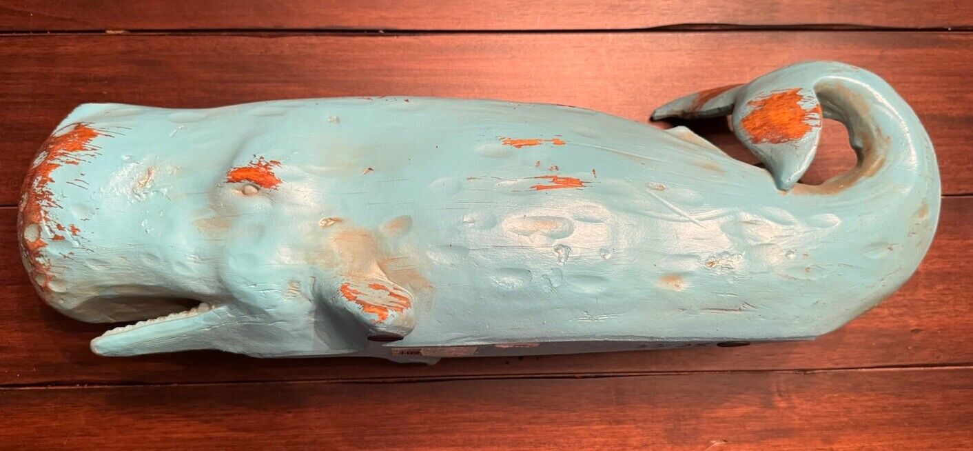Distressed Wood Painted Sperm Whale Aqua Colored 18 Inches Long