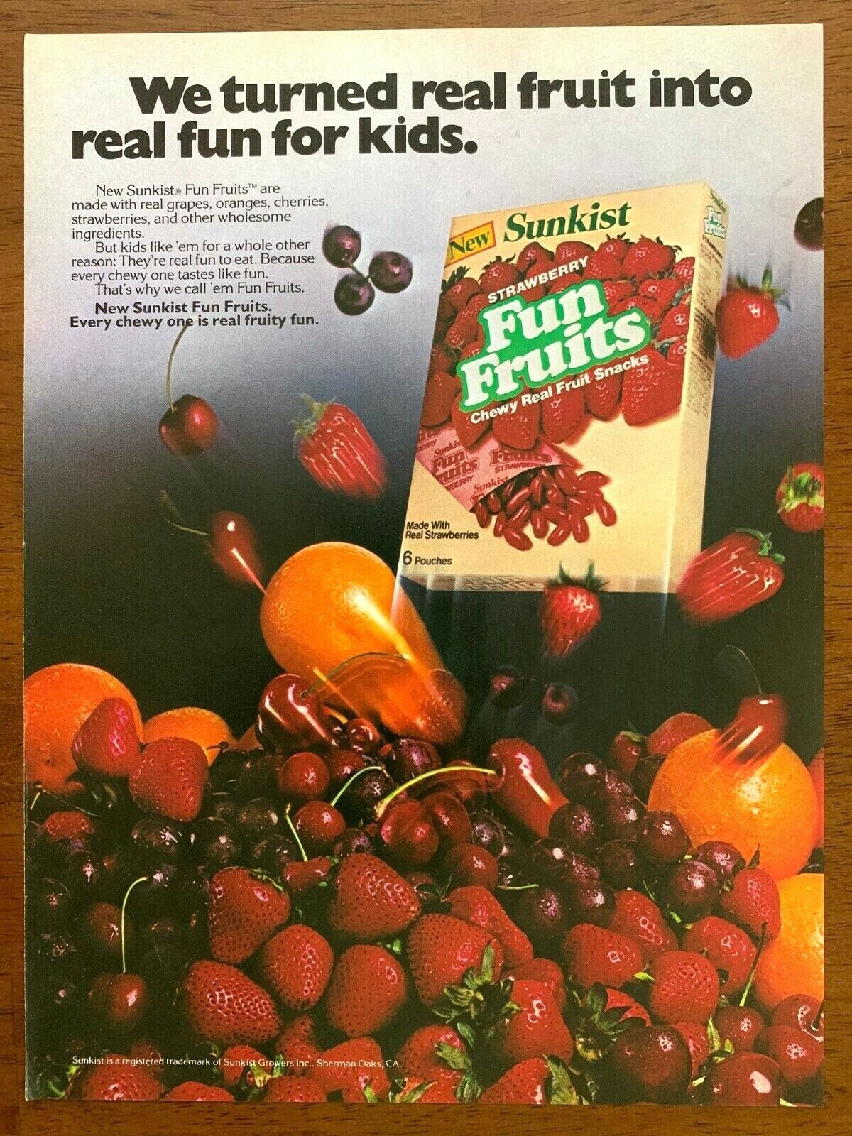 1985 Sunkist Fun Fruits Snacks Vintage Print Ad/Poster 80s Retro Food Art Décor 