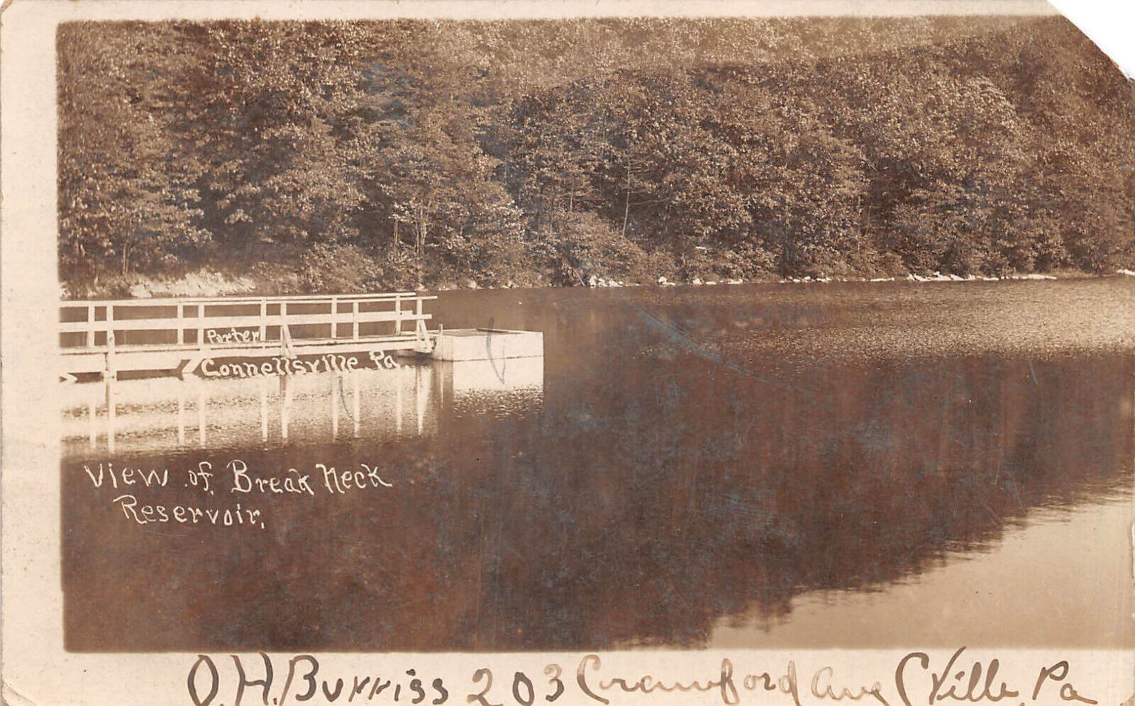 UPICK POSTCARD View of BREAK NECK RESERVOIR Connellsville Pennsylvania RPPC 1907