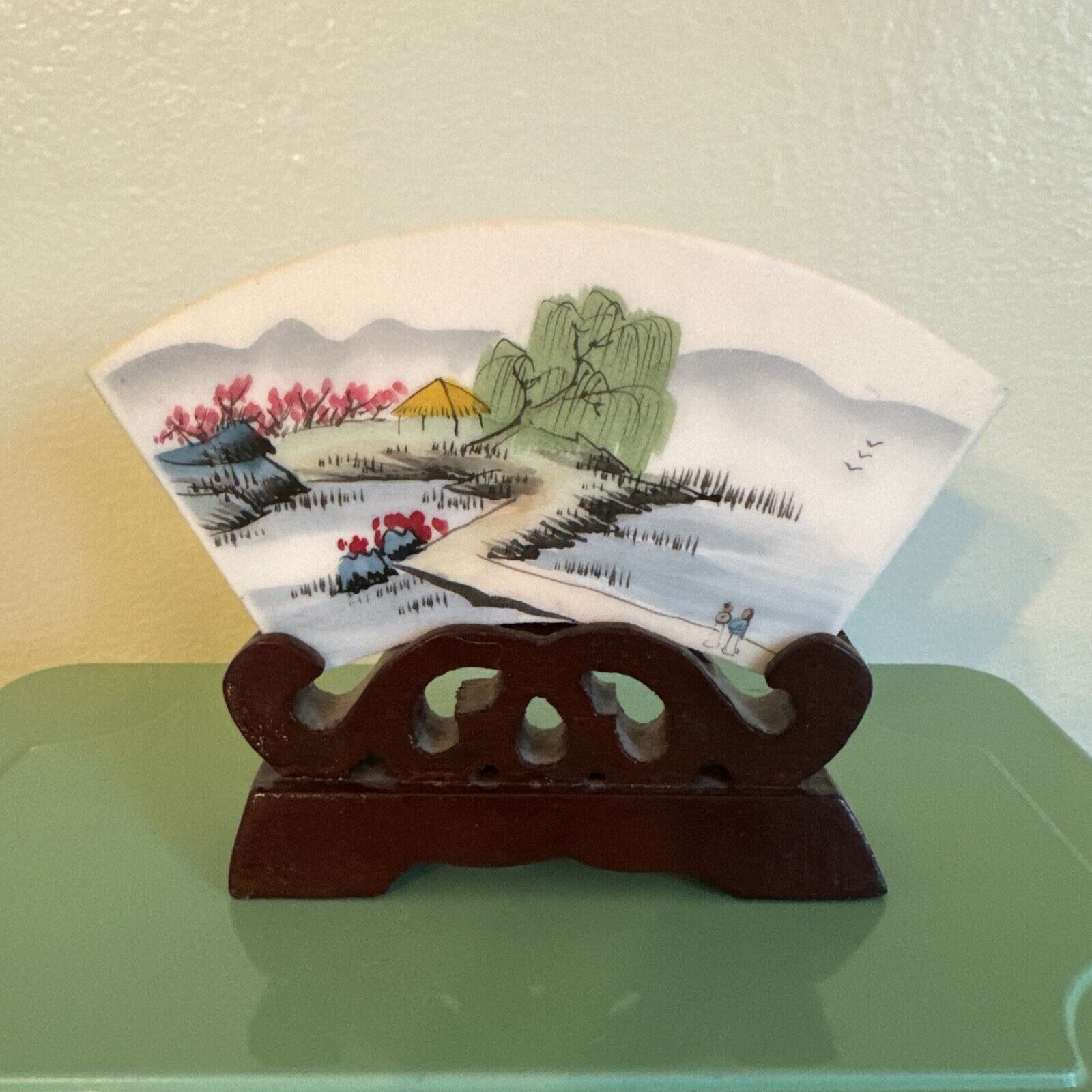 Vintage Marble Article, Hand-Painted Landscape Original Art On Wood Stand