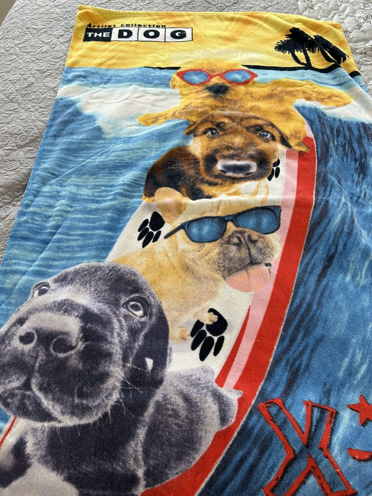 Vintage THE DOG Artlist Collection Beach Towel “X-Treme Surf Pups” On Surfboard
