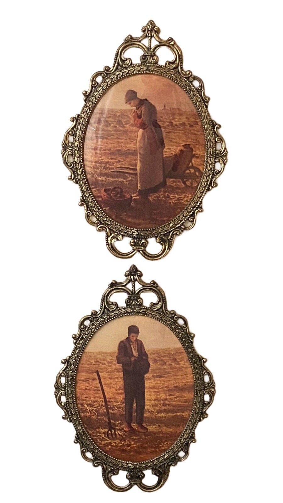 2 Vintage 17 x 12 Oval Brass Framed Pictures Convex Glass Ornate Harvest Prayer