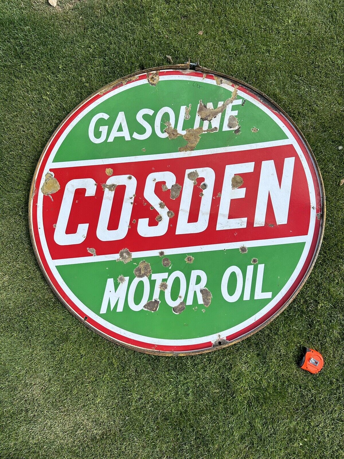 Original Vintage Double Sided In Original Ring Cosden Motor Oil/Gasoline Sign