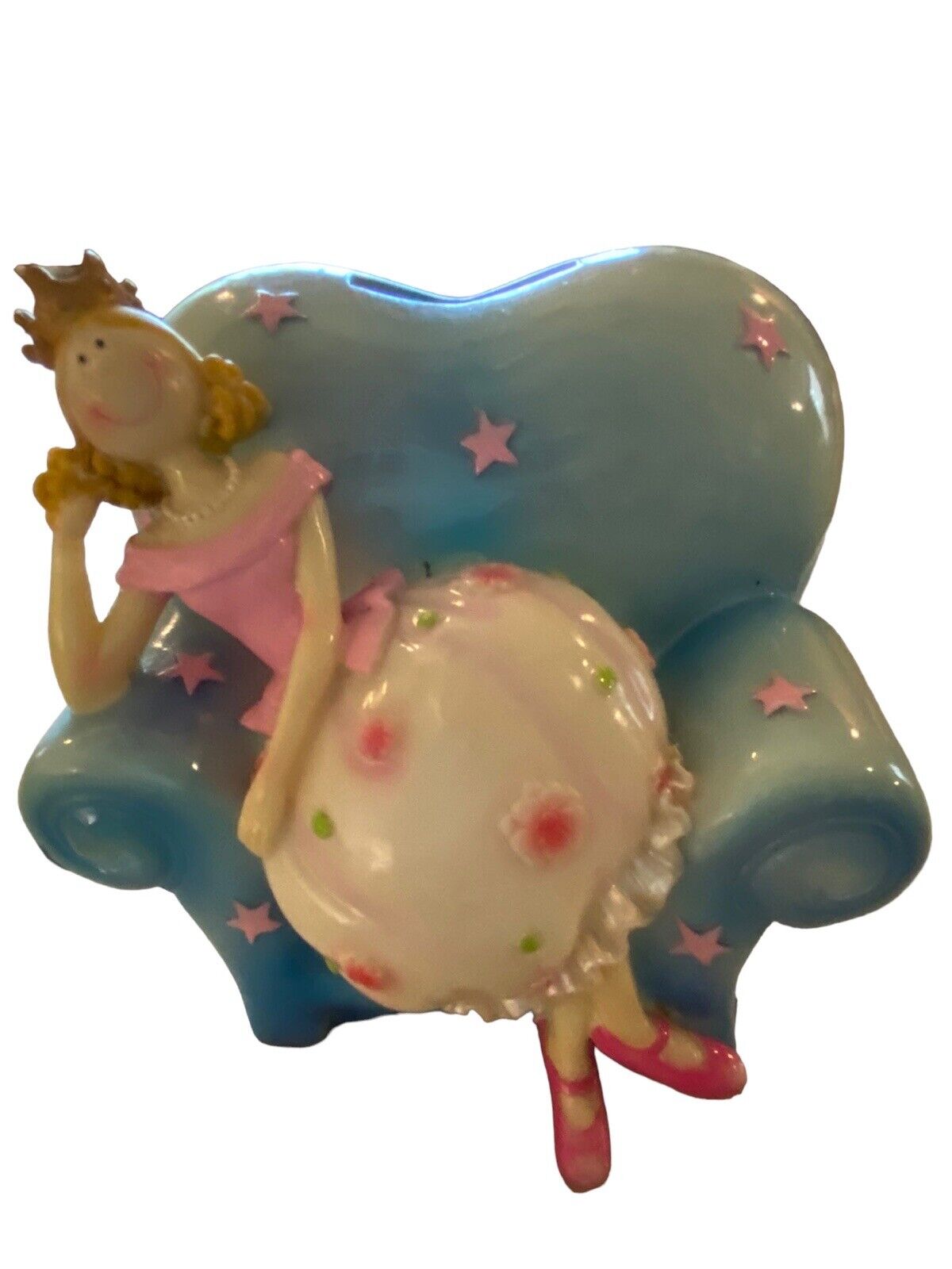 Pink princess in blue chair ceramic /resin bank stars & flowers