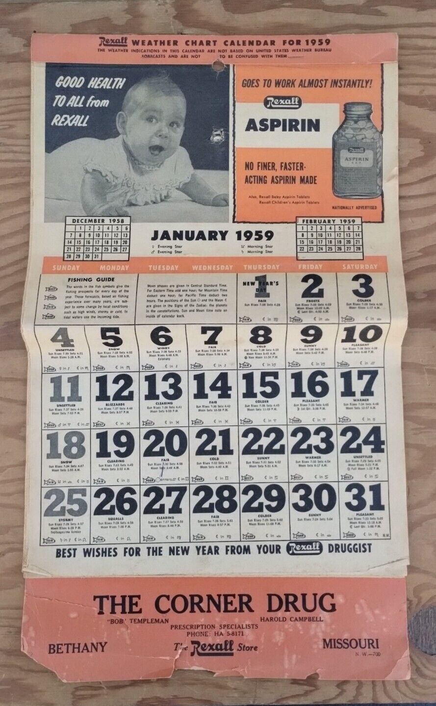 1959 Bethany Missouri Corner Rexall Drug Store ..12-page Advertising Calendar