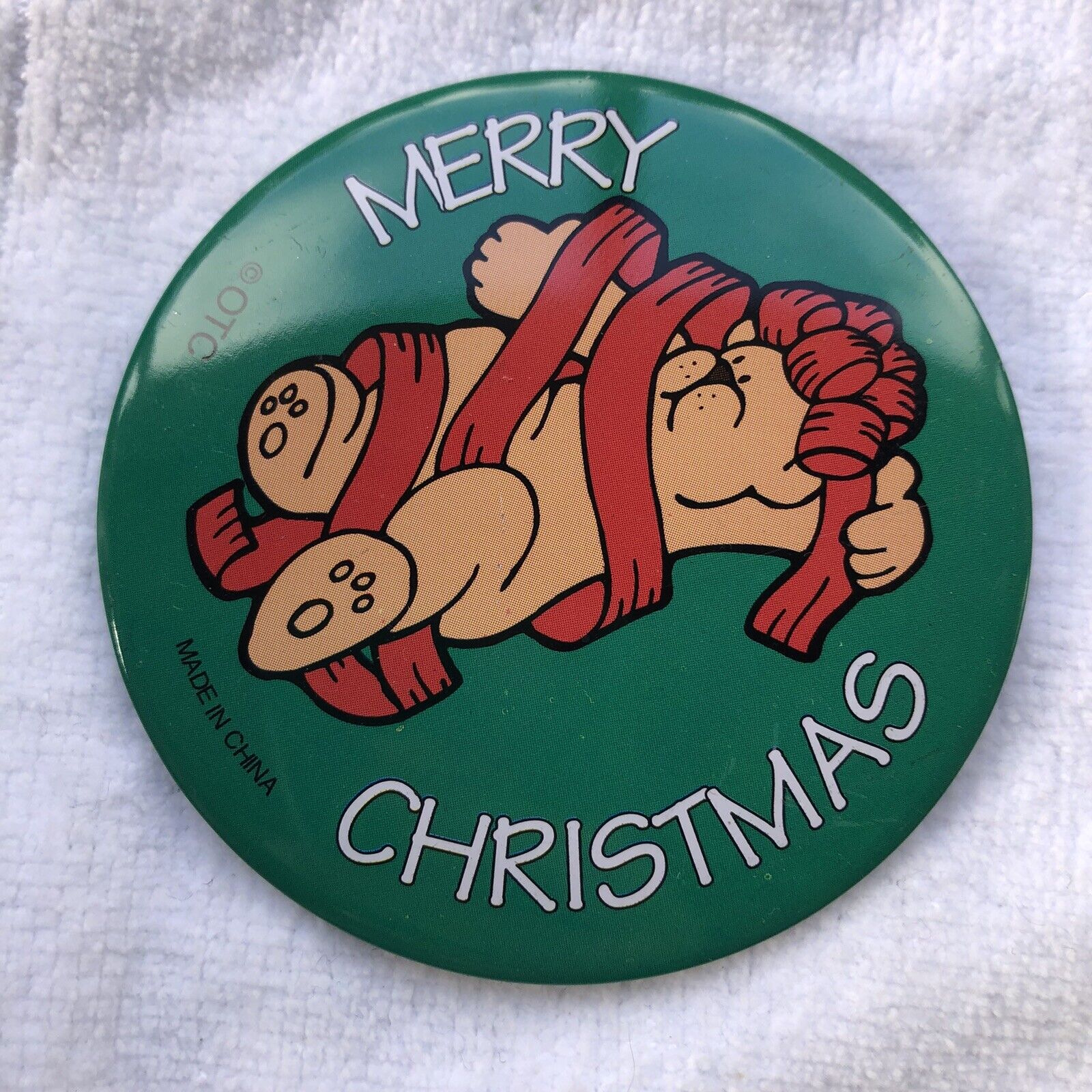 Vintage Button Pin Large Merry Christmas Teddy Bear Tangled in Ribbon