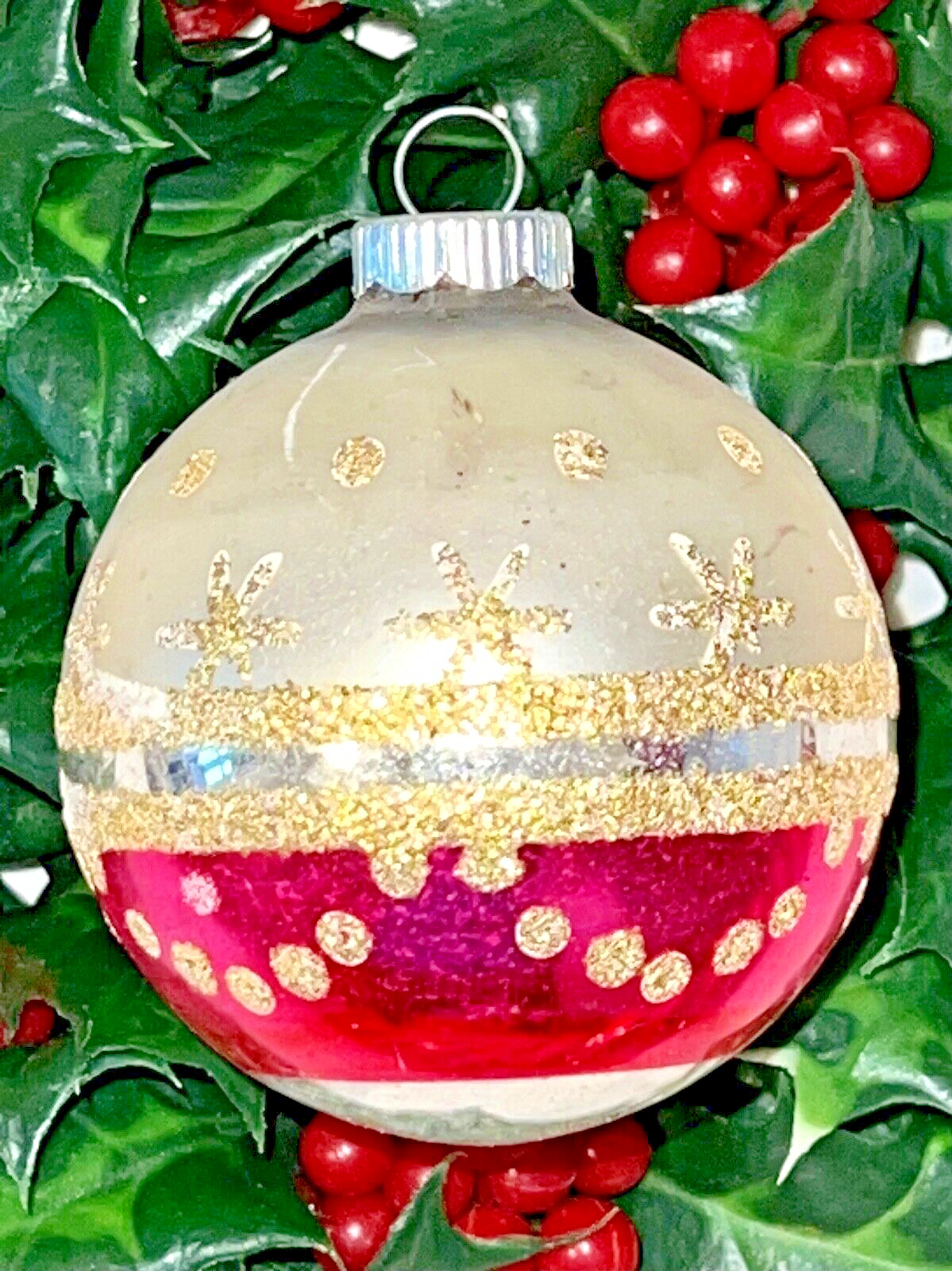 MCM Vintage SHINY BRITE Glass MICA GLITTER Christmas Ornament PINK