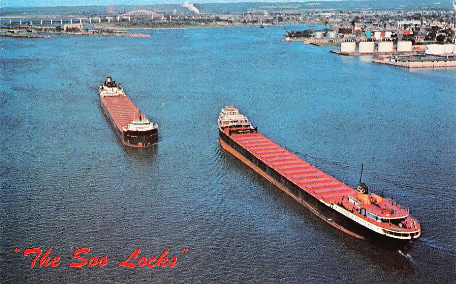 Soo Locks MI Michigan Edmund Fitzgerald Freighter Ship Harbor Vtg Postcard C54