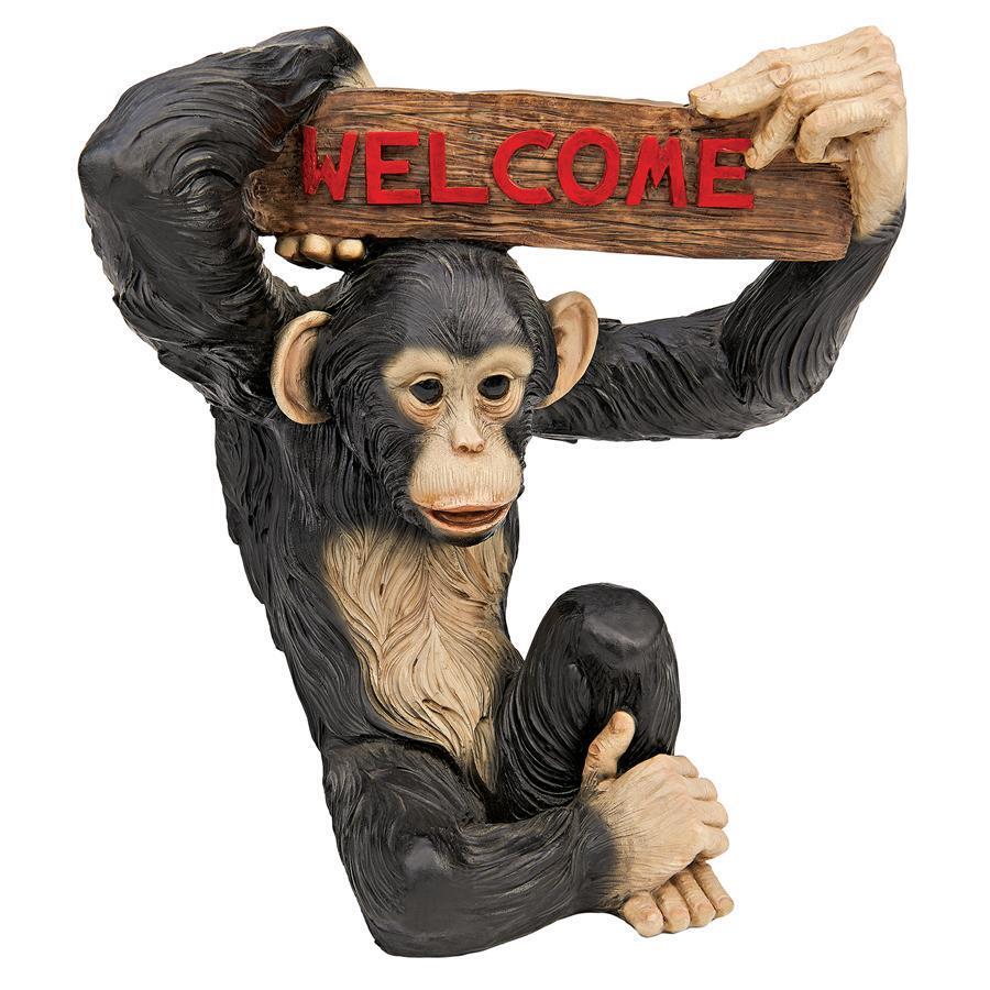 Let's Monkey Around Swinging Chimpanzee Welcome Home Garden Sign Sculpture
