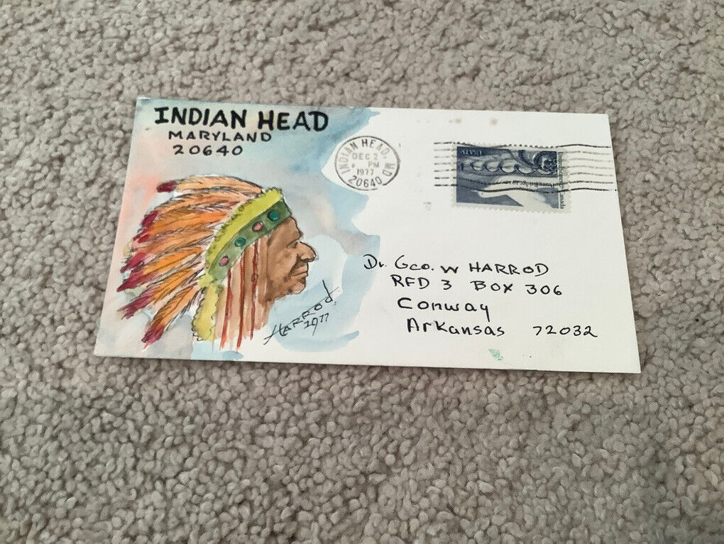 1977 INDIAN HEAD Maryland: Signed FOLK ART WATERCOLOR Postal Cover GEORGE HARROD