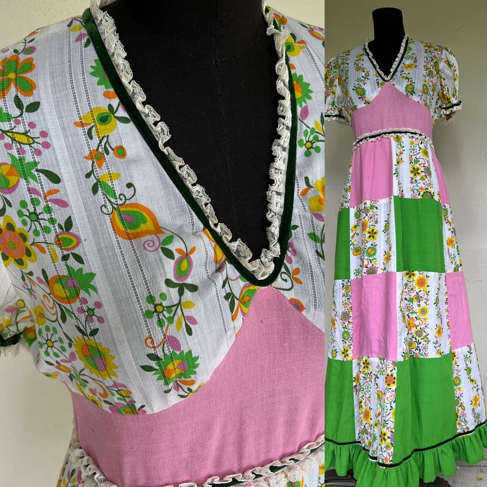 VTG 1960’s Prairie Boho Hippy Floral Pink Green Patchwork Kaftan Maxi Dress S M