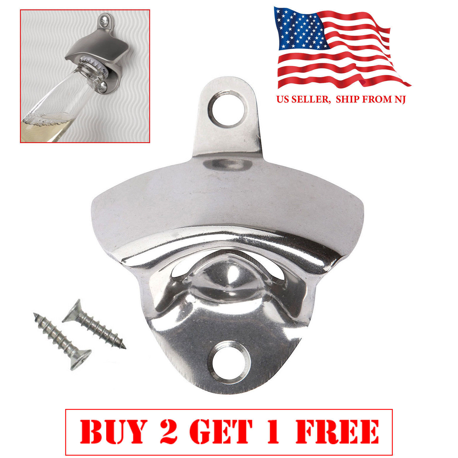 Stainless Steel silver Wall Mount Beer soda Bottle Opener with  Mounting Screws