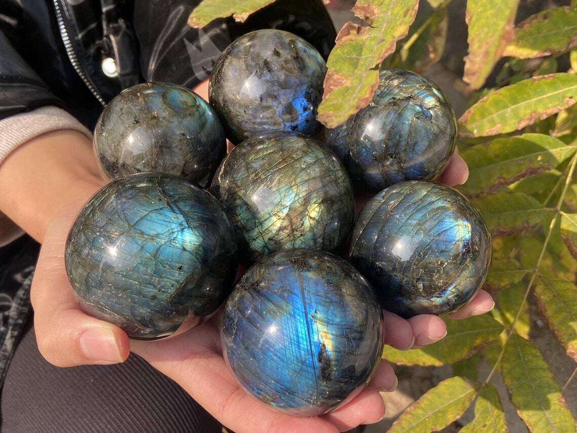 7PC 50mm+ Natural Labradorite Sphere，Quartz Crystal，Labradorite ball