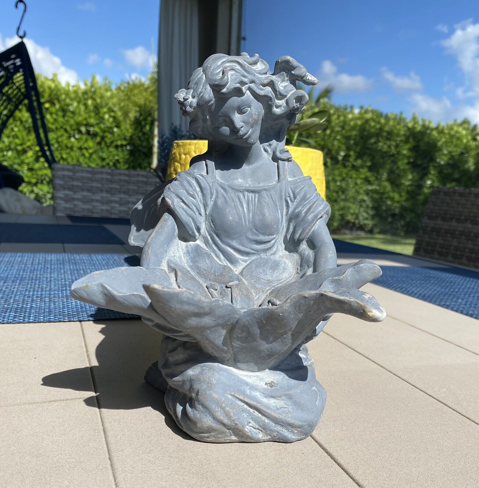 Vintage Chrisdon Sculpture Angelic Garden Fairy Sculpture Kneeling Holding Tulip