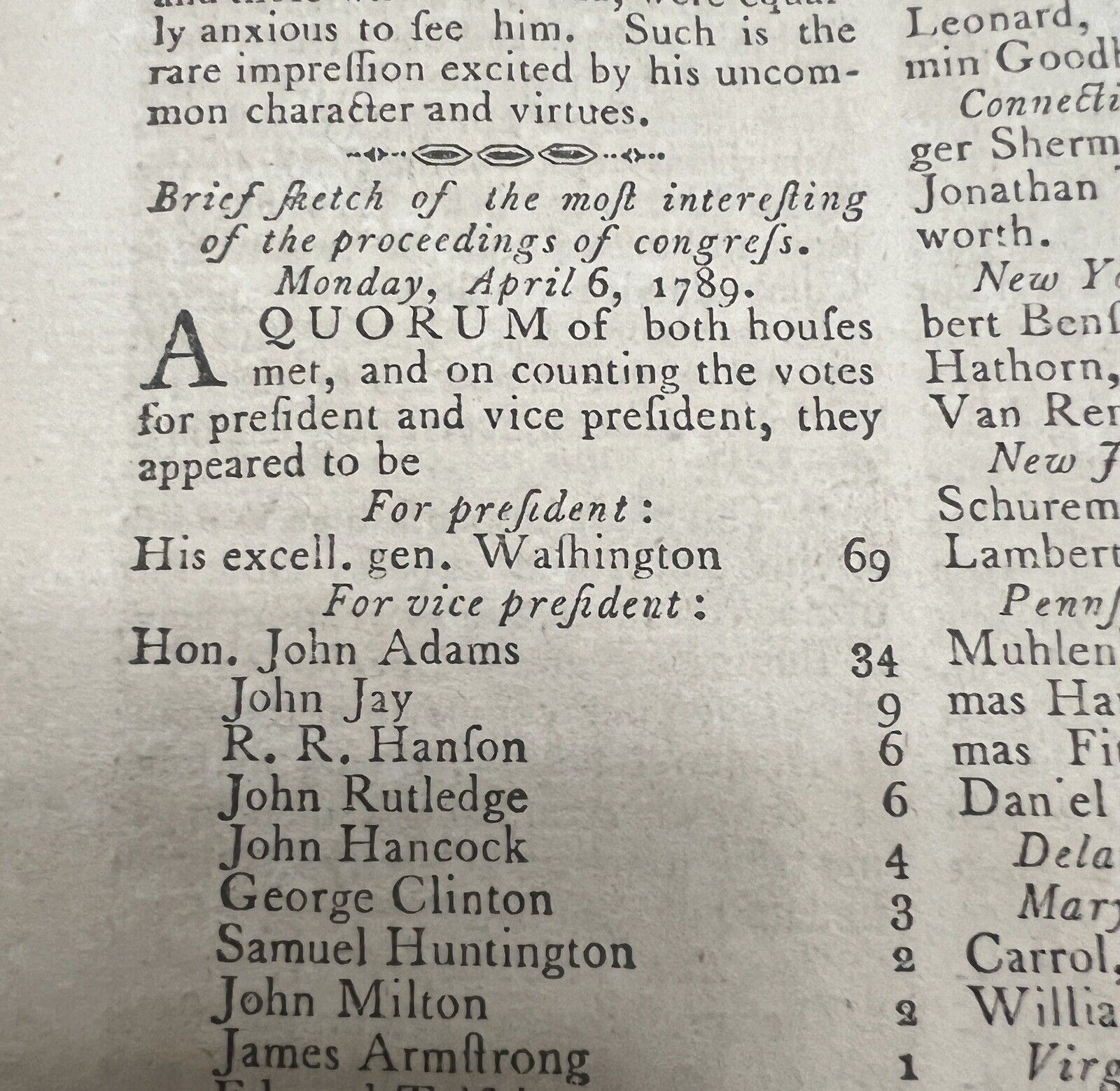 1789 Philadelphia Newspaper Magazine George Washington Elected President 1st