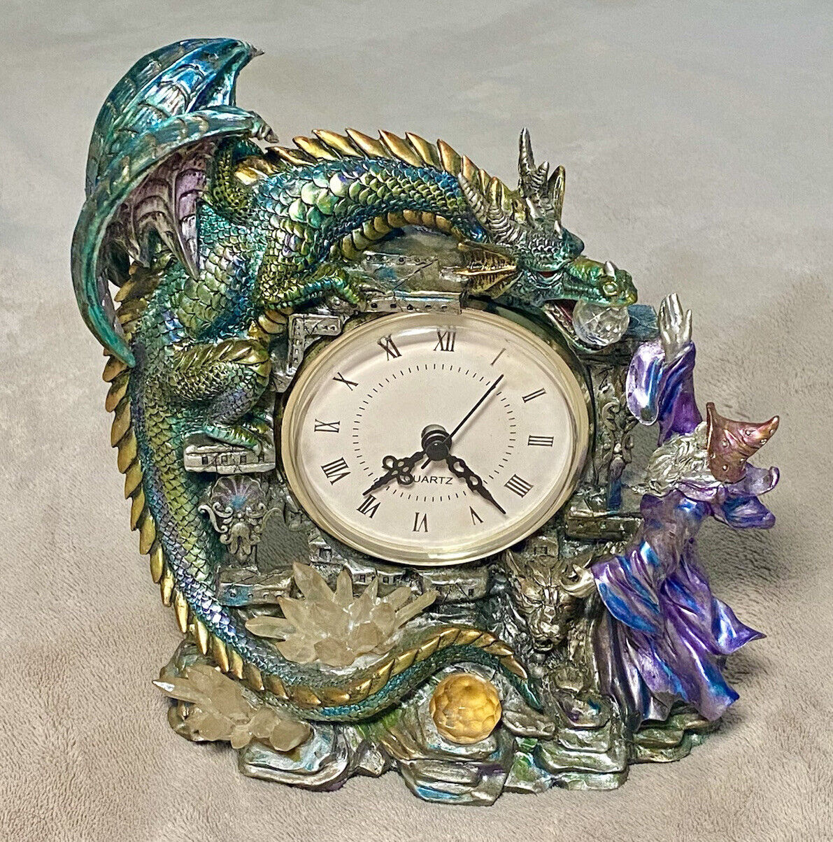 Franklin Mint Kingdom of Discordia Dragon Wizard Skull Crystal Clock LIMITED ED