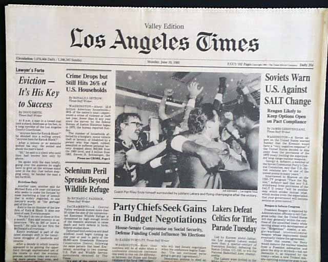 L.A. Lakers Beat Boston Celtics Bury Garden Ghost NBA 1985 L.A. Newspapers (3)