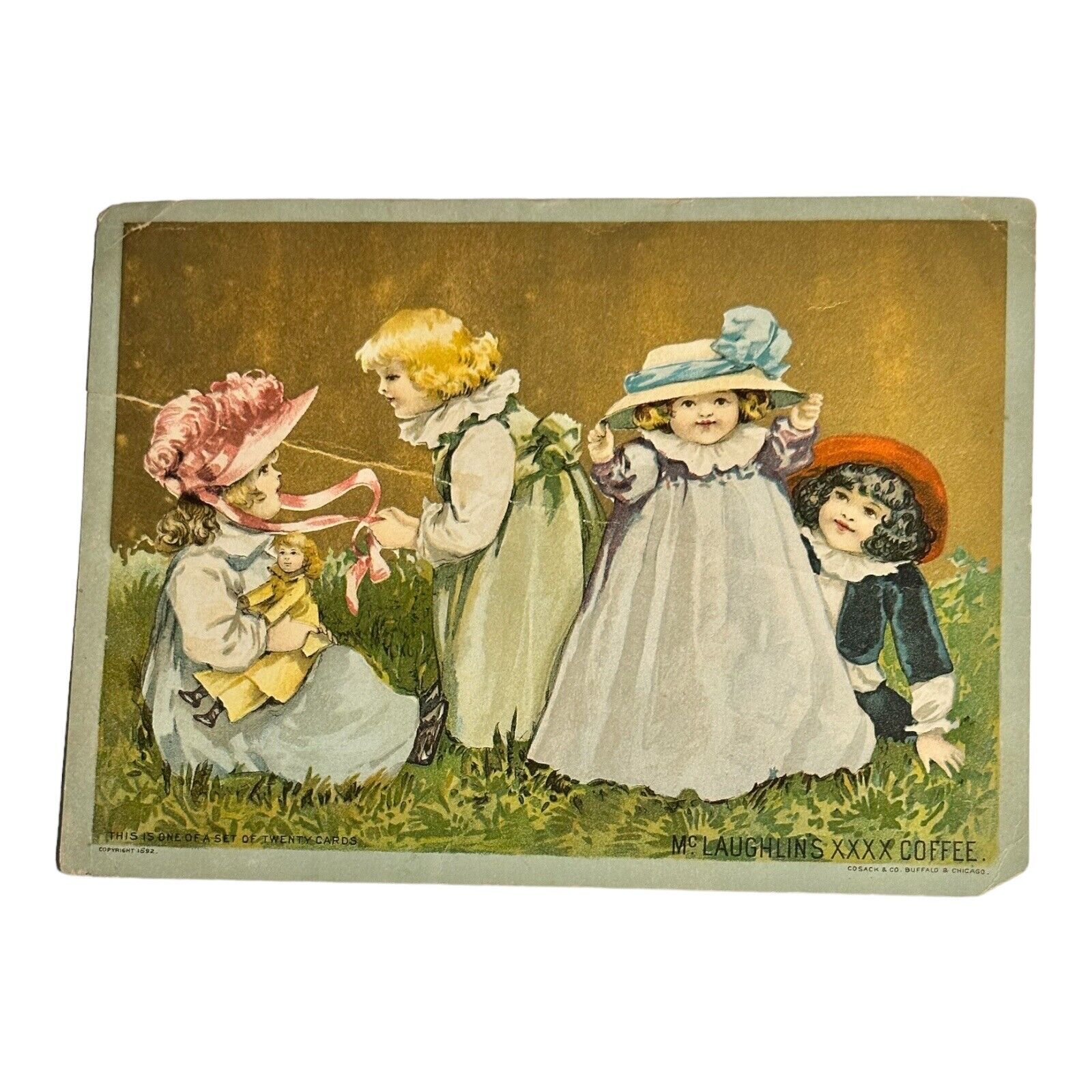 Antique 1892 Victorian Trade Card~MC LAUGHLIN\'S Coffee~Four Girls With Doll