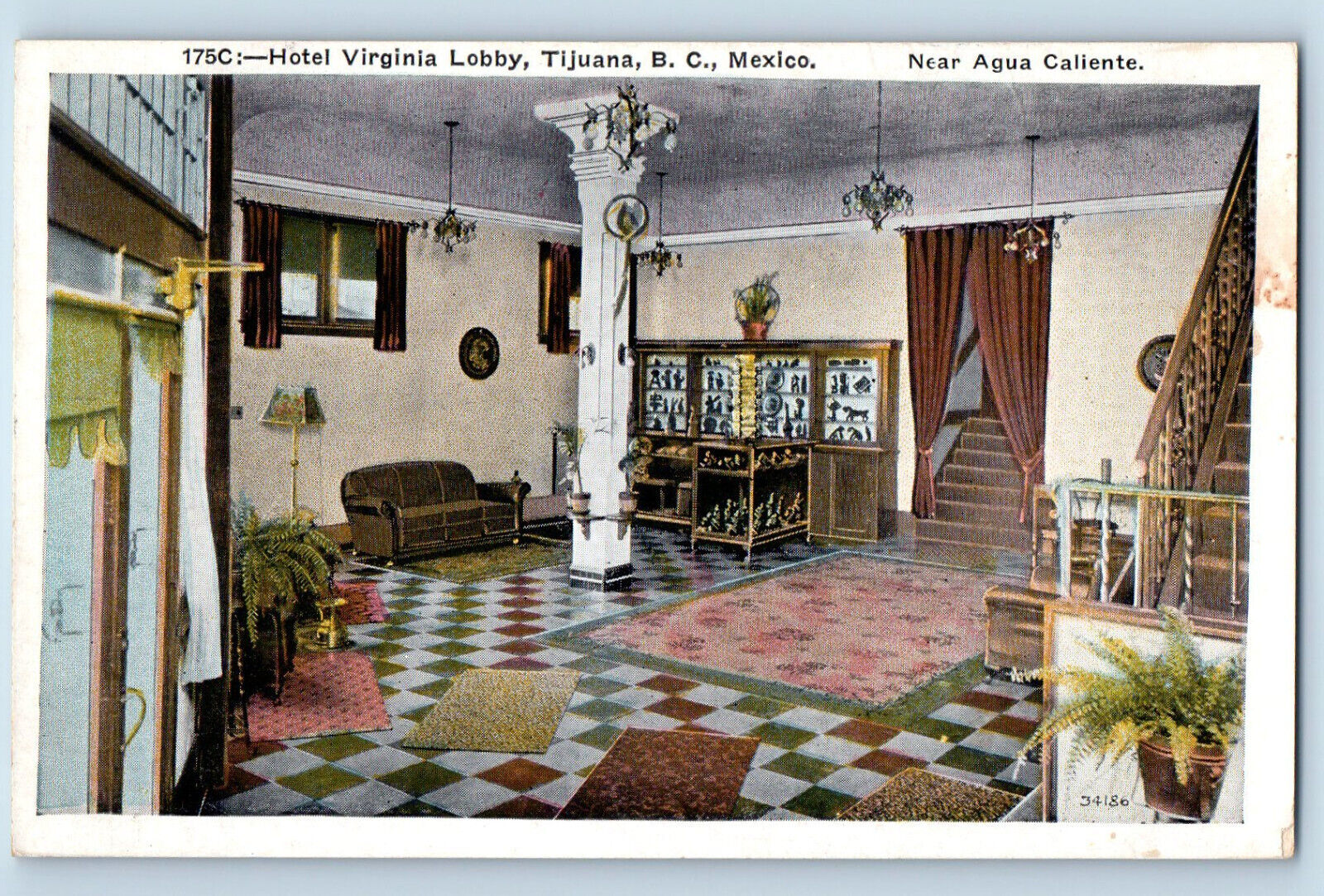 Tijuana Baja California Mexico Postcard Hotel Virginia Lobby c1930's Posted