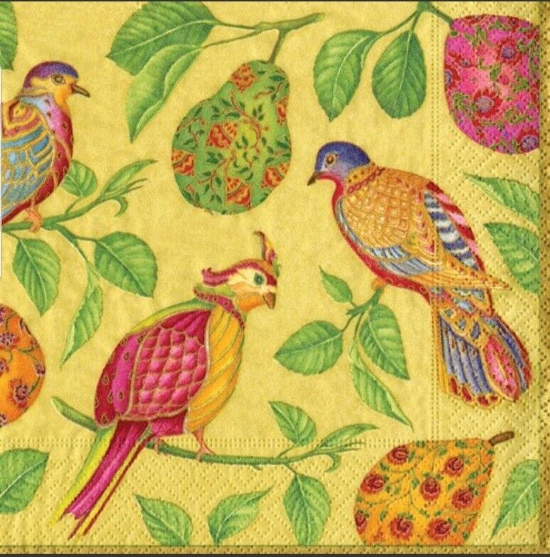 TWO Individual  Napkins Birds Pears Gold Lunch for Decoupage (1216)