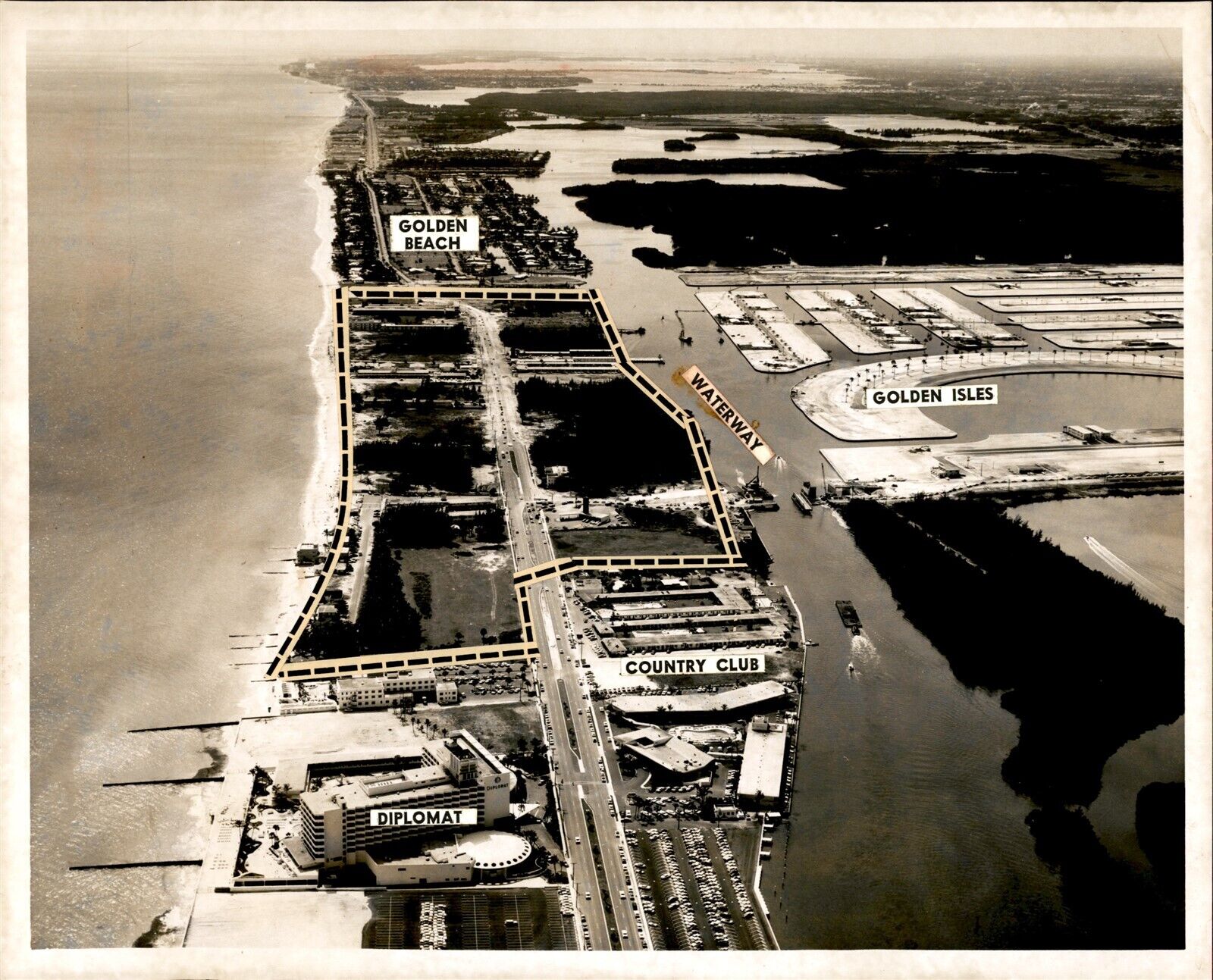 LG62 1960 Original Photo HALLANDALE FLORIDA AERIAL GOLDEN BEACH DIPLOMAT RESORT