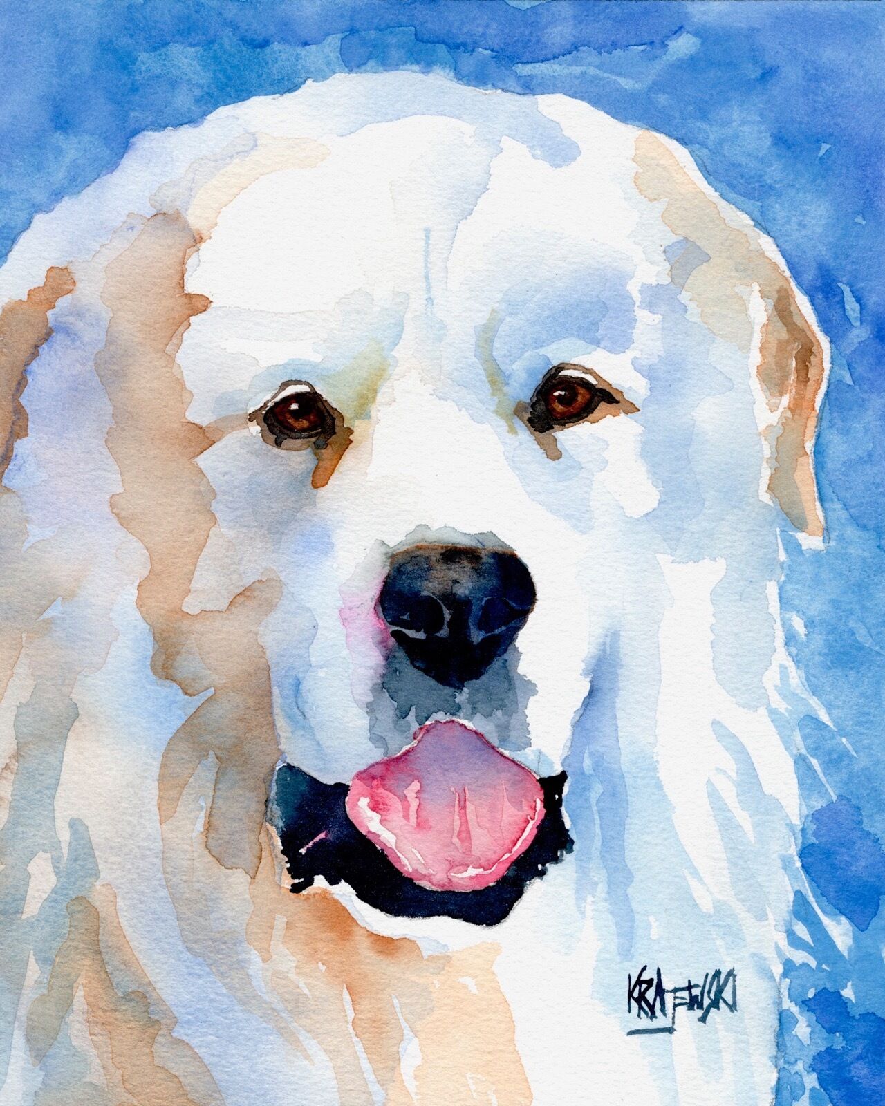 Great Pyrenees Dog Art Print Signed by Artist Ron Krajewski Painting 8x10