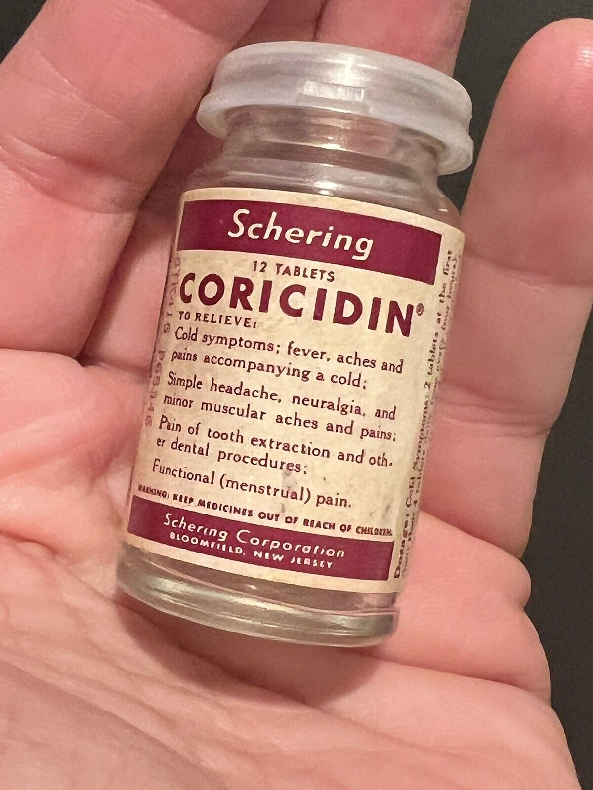 schering CORICIDIN medicine vintage bottle science pain