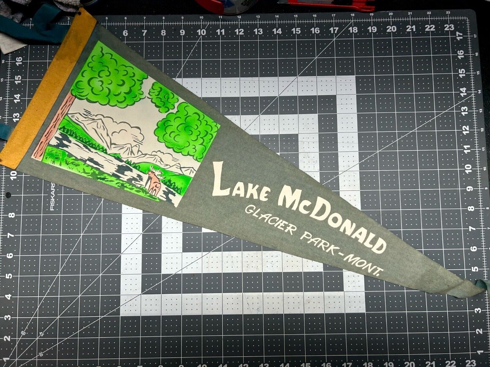VINTAGE Lake McDonald 24”felt pennant banner Gray/White