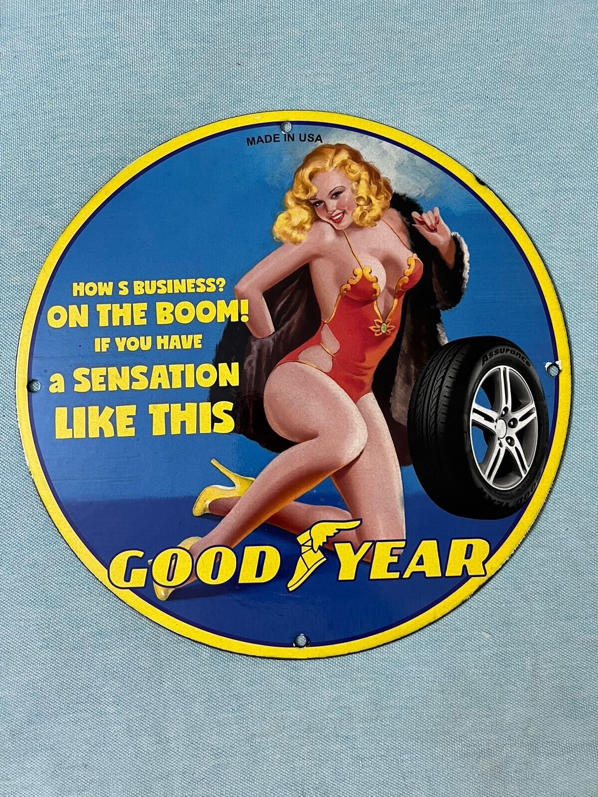 GOODYEAR PORCELAIN ENAMEL PINUP GIRL GAS OIL SERVICE STATION AUTO TIRE SIGN