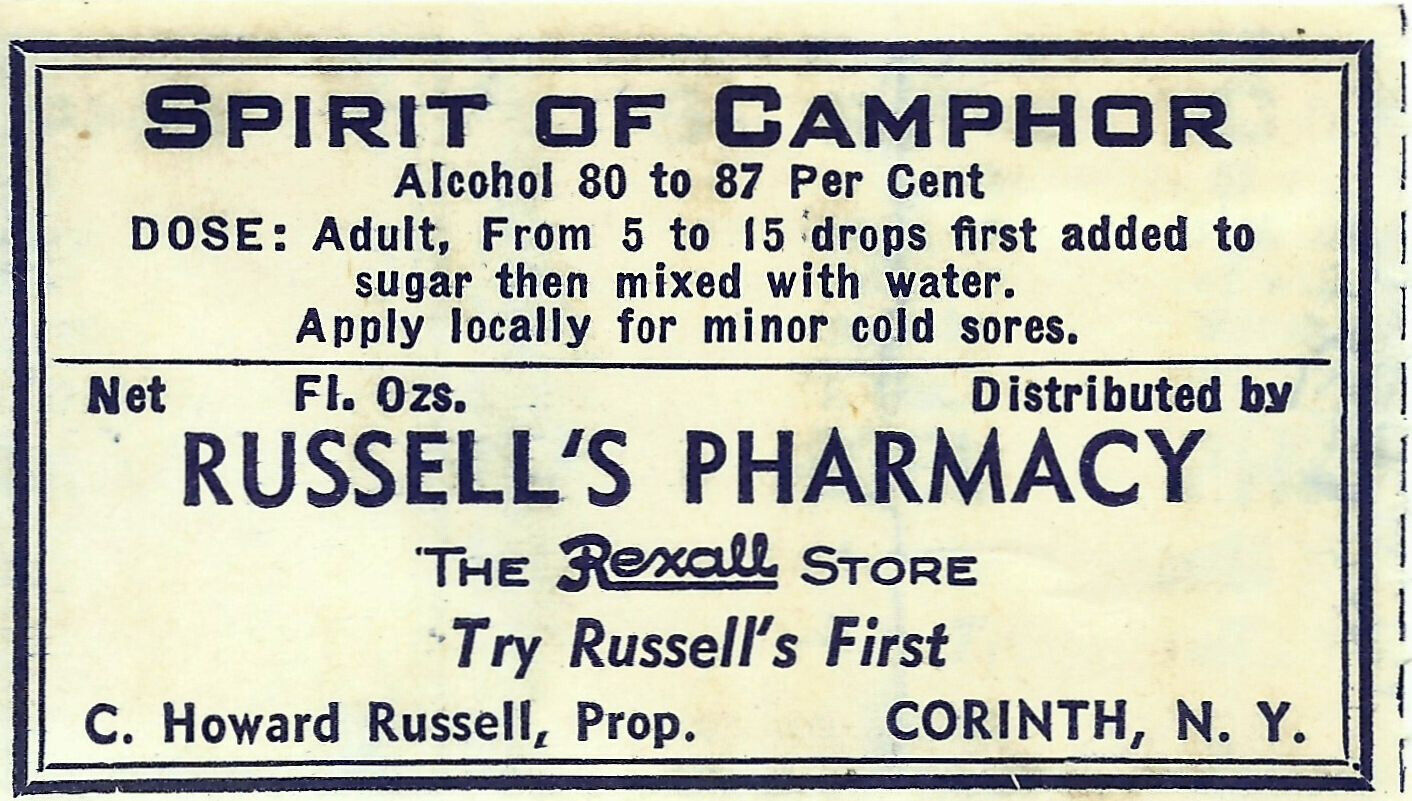 Vintage Pharmacy Label SPIRIT OF CAMPHOR Russell's Rexall Pharmacy Corinth N.Y.
